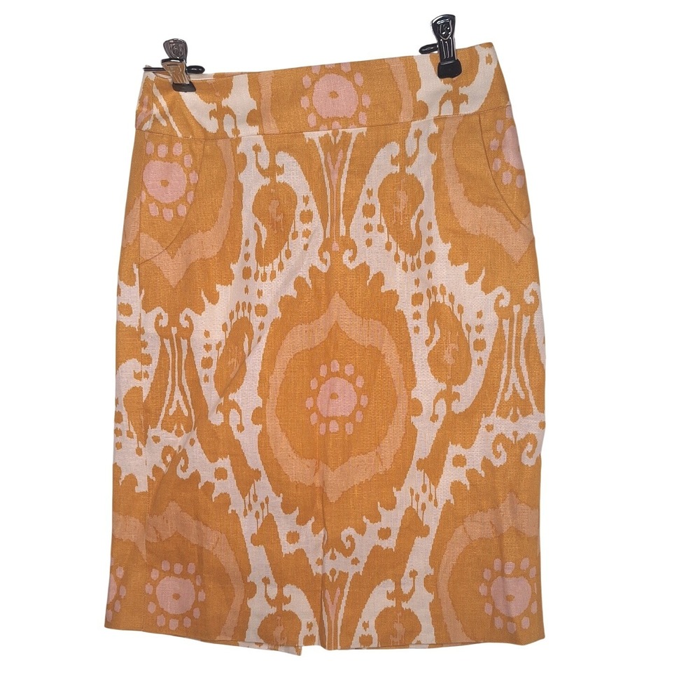 J.Crew Womens 100% Linen Ikat Medallion Pencil Skirt Orange Pink Size 0